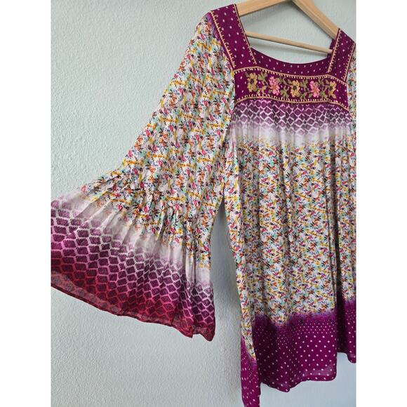 Ivy Jane Boho Floral Bell Sleeve Tunic Top Size S Purple Pink Embroidered Rayon - Picture 2 of 8